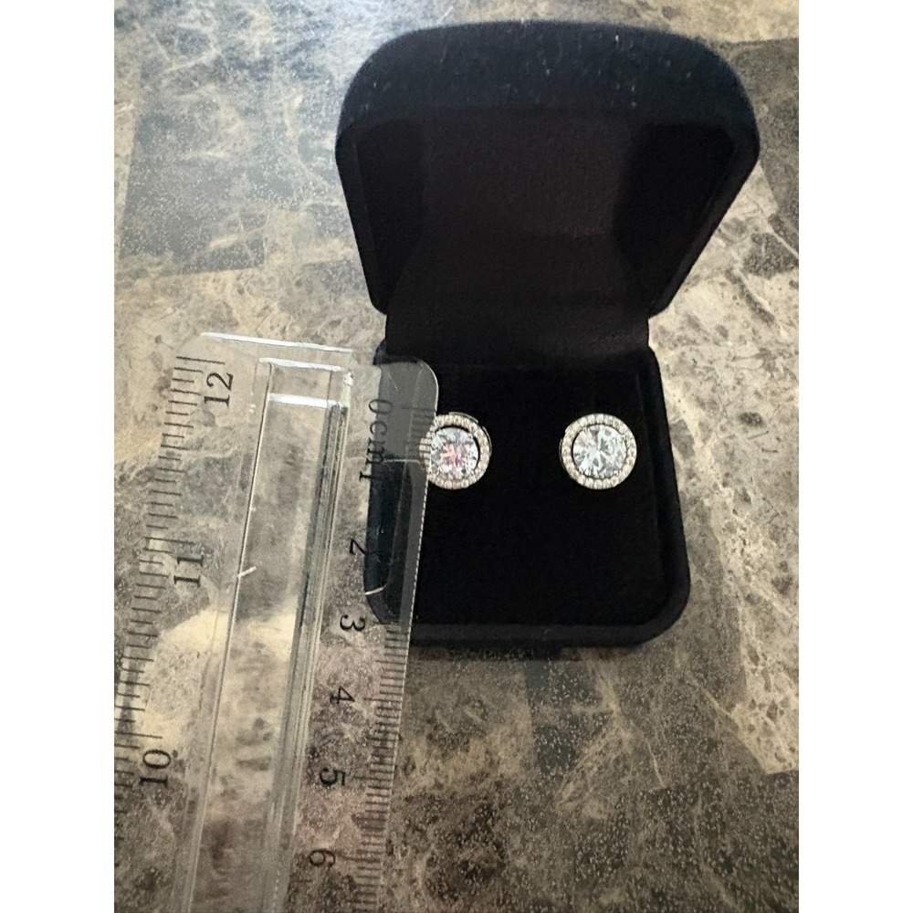 Silver Tone Round Halo Cubic Zirconia Stud Earrings Brilliant Cut Pave Border - Picture 9 of 14